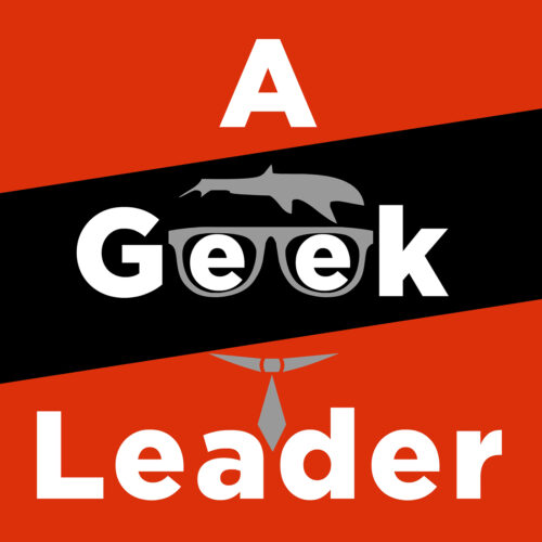 A Geek Leader podcast thumbnail image in red, white, and black