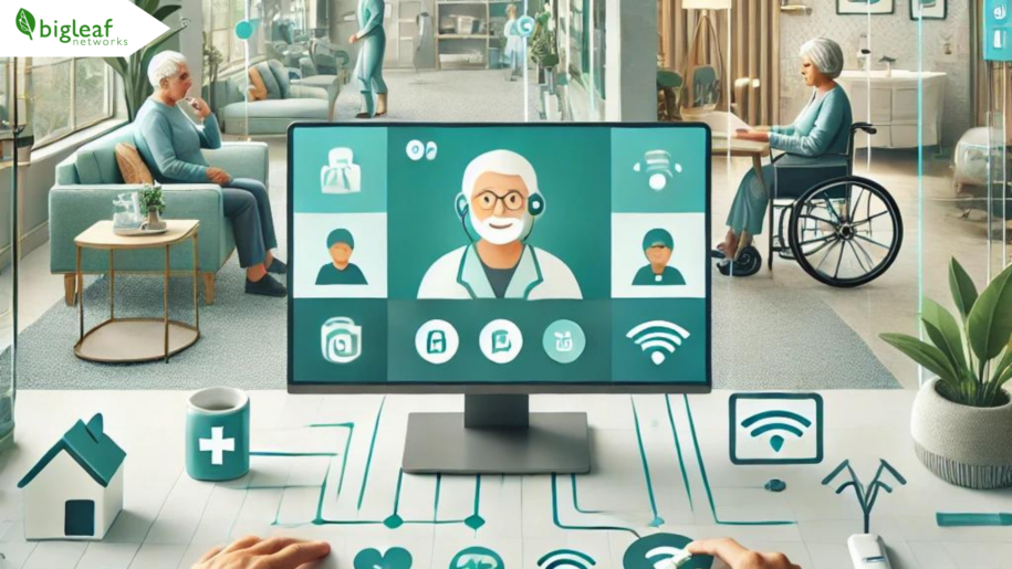 Seniors in an assisted living facility using technology like telehealth, video calls, and smart devices to stay connected and improve their well-being. A large screen shows a doctor consulting with a resident remotely, highlighting the role of technology in modern senior care facilities.