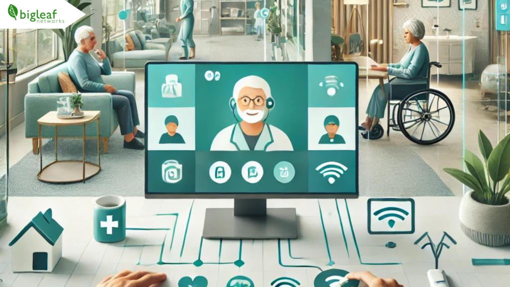 Seniors in an assisted living facility using technology like telehealth, video calls, and smart devices to stay connected and improve their well-being. A large screen shows a doctor consulting with a resident remotely, highlighting the role of technology in modern senior care facilities.